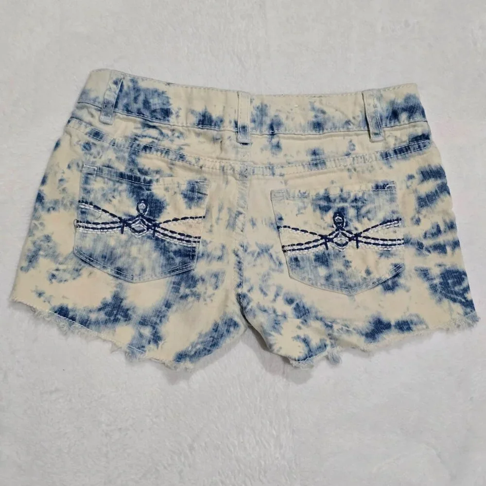 Mudd Girls Blue White Tie Dye Raw Hem Adjustable Waist Denim Shorts Excellent 8